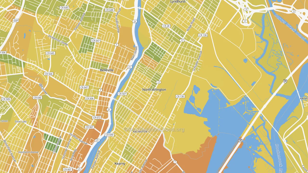 Map of the best neighborhoods in the North Arlington area, with better matches in green and worse matches in red