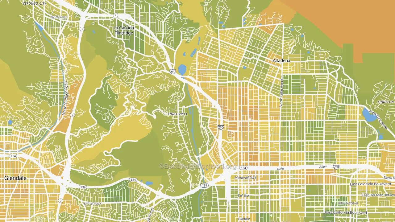 Map of the best neighborhoods in the North Arroyo, Pasadena area, with better matches in green and worse matches in red