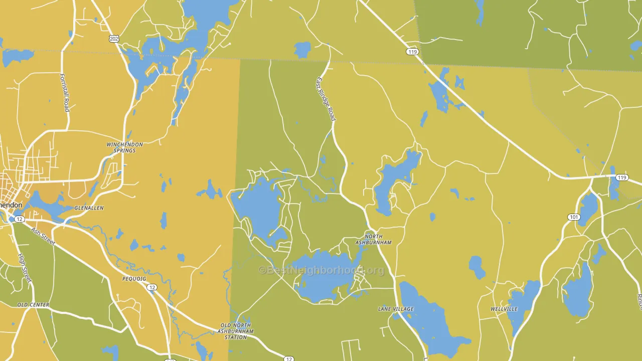 Map of the best neighborhoods in the North Ashburnham area, with better matches in green and worse matches in red