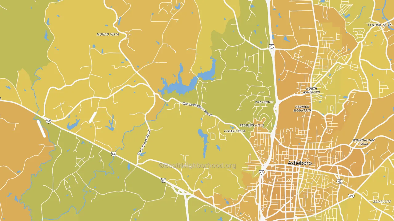 Map of the best neighborhoods in the North Asheboro area, with better matches in green and worse matches in red