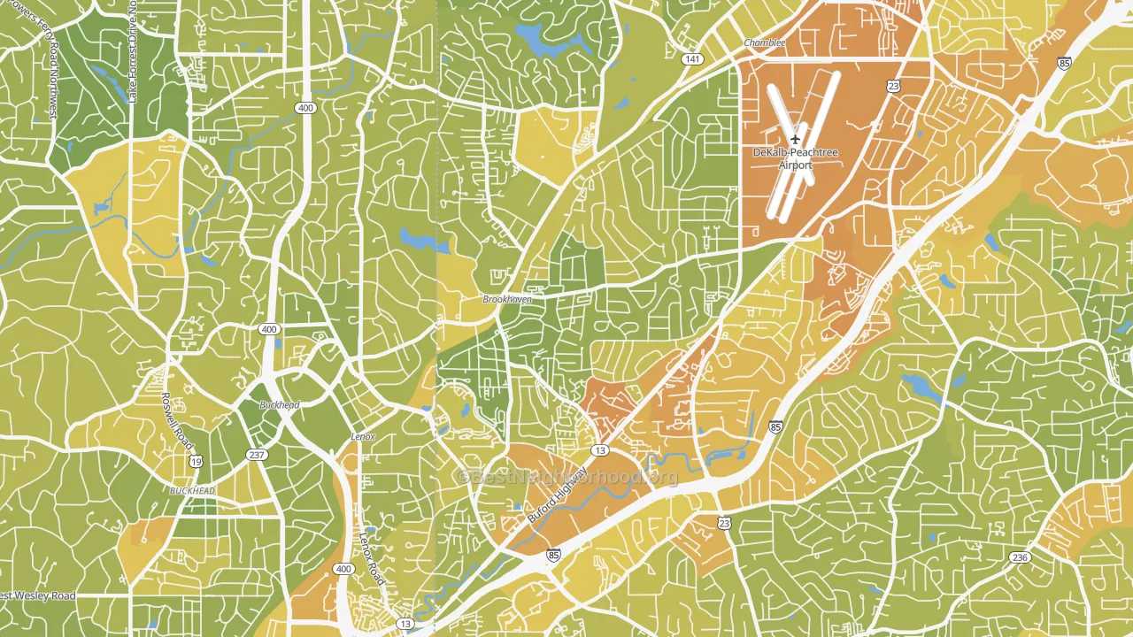 Map of the best neighborhoods in the North Atlanta area, with better matches in green and worse matches in red