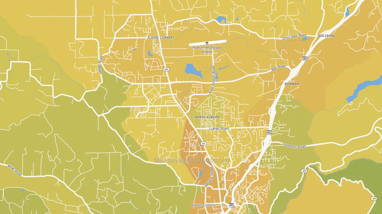 Map of the best neighborhoods in the North Auburn area, with better matches in green and worse matches in red