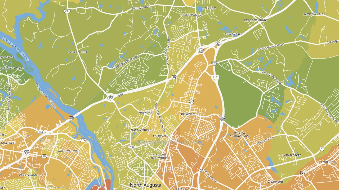 Map of the best neighborhoods in the North Augusta area, with better matches in green and worse matches in red