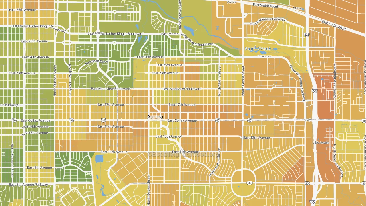 Map of the best neighborhoods in the North Aurora, Aurora area, with better matches in green and worse matches in red