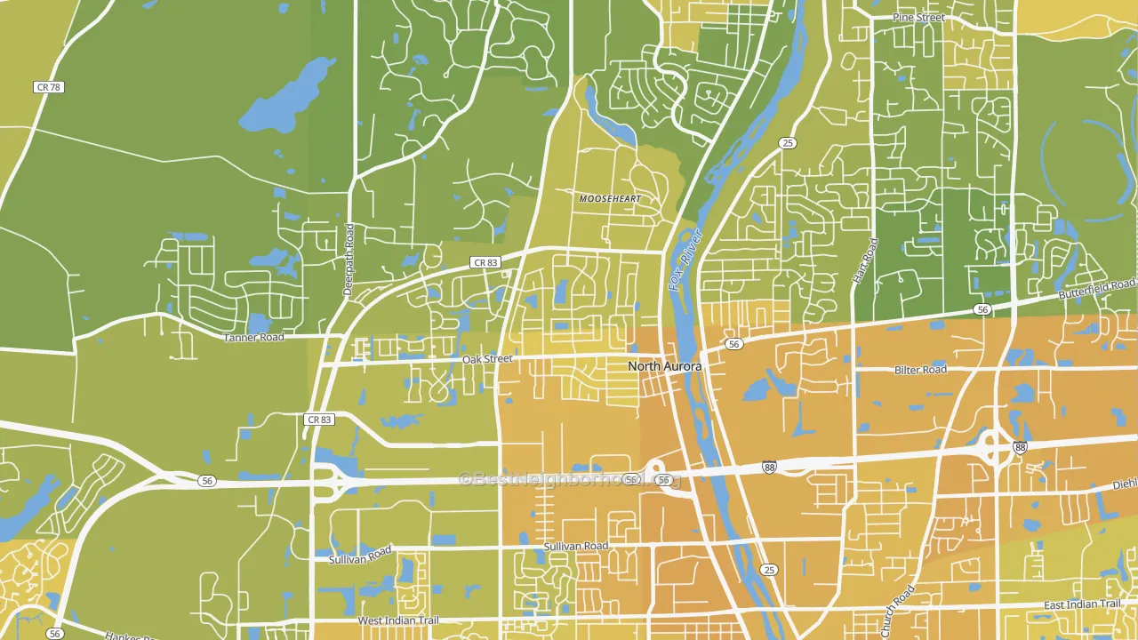 Map of the best neighborhoods in the North Aurora area, with better matches in green and worse matches in red