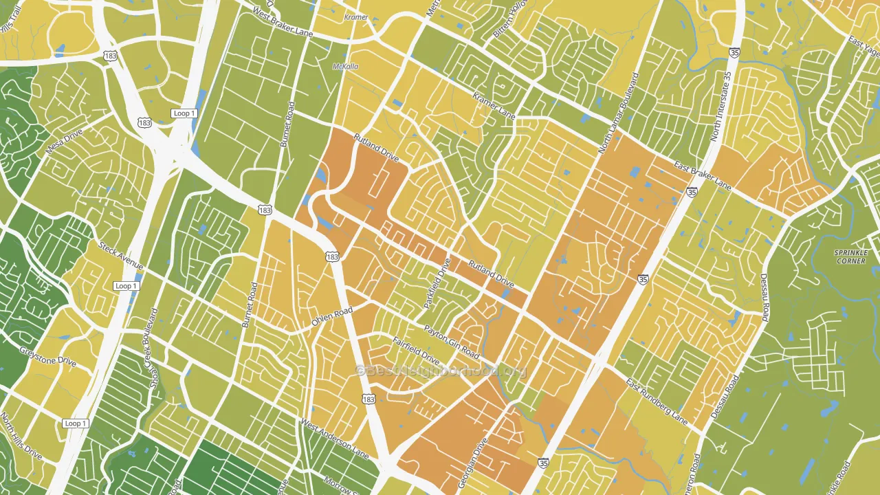 Map of the best neighborhoods in the North Austin, Austin area, with better matches in green and worse matches in red