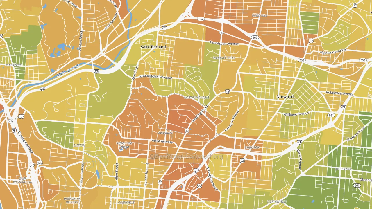 Map of the best neighborhoods in the North Avondale, Cincinnati area, with better matches in green and worse matches in red