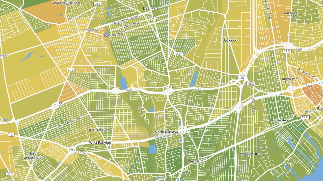 Map of the best neighborhoods in the North Babylon area, with better matches in green and worse matches in red