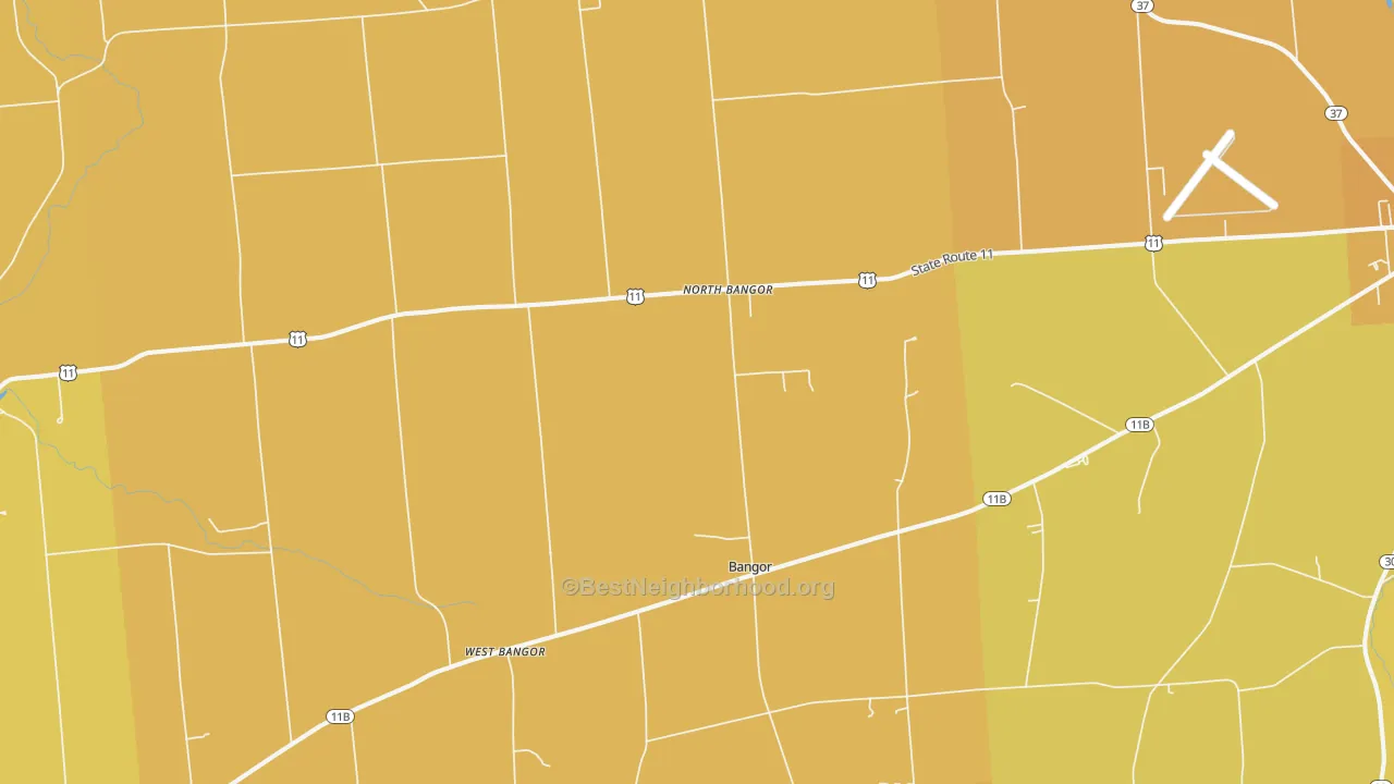 Map of the best neighborhoods in the North Bangor area, with better matches in green and worse matches in red