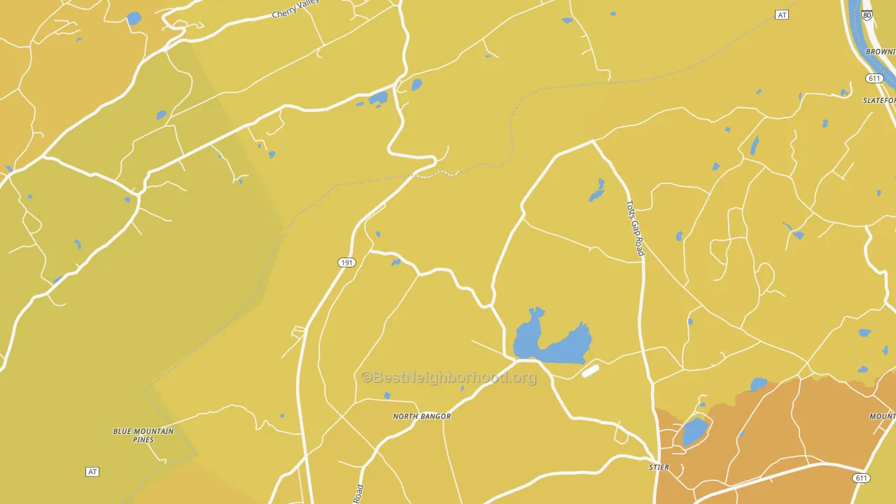 Map of the best neighborhoods in the North Bangor area, with better matches in green and worse matches in red