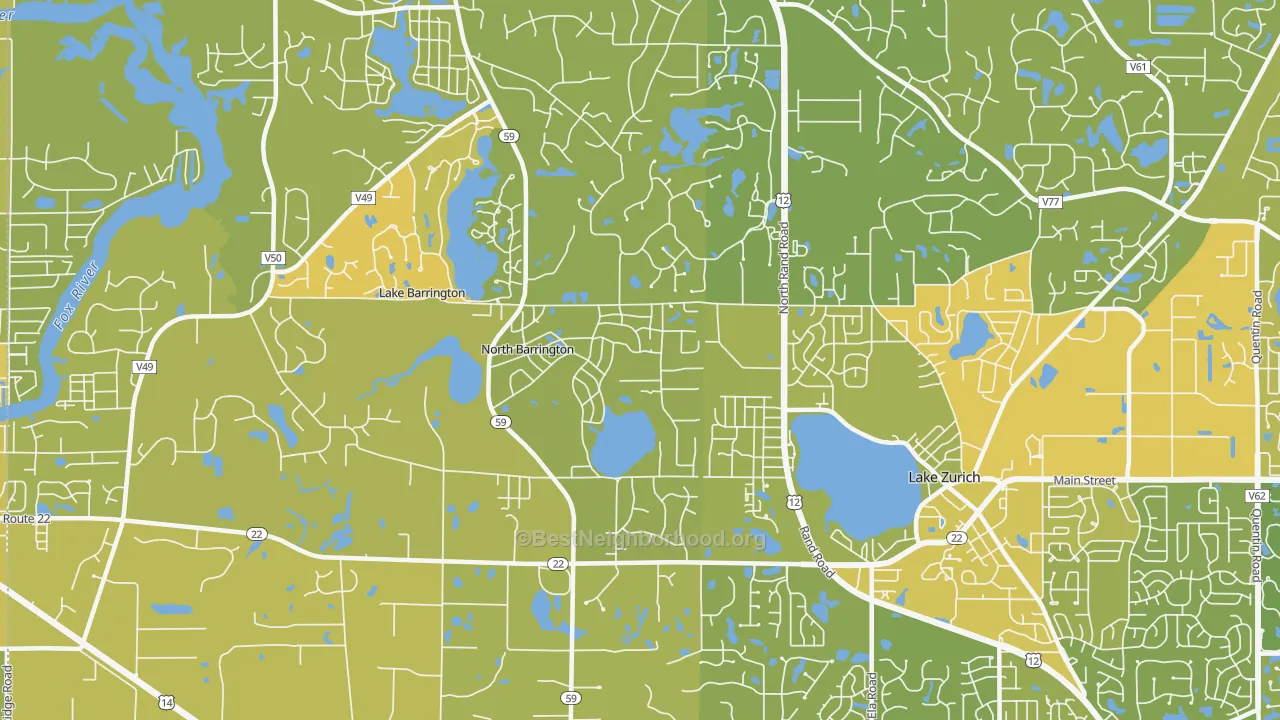 Map of the best neighborhoods in the North Barrington area, with better matches in green and worse matches in red