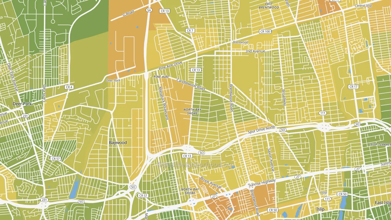 Map of the best neighborhoods in the North Bay Shore area, with better matches in green and worse matches in red