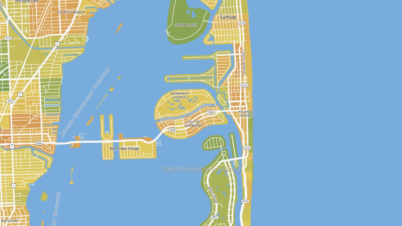 Map of the best neighborhoods in the North Bay Village area, with better matches in green and worse matches in red