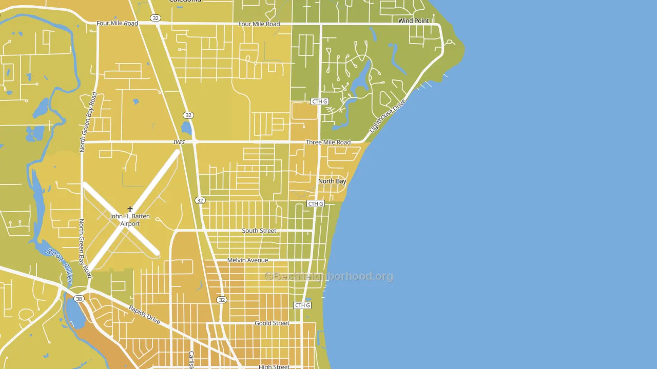 Map of the best neighborhoods in the North Bay area, with better matches in green and worse matches in red