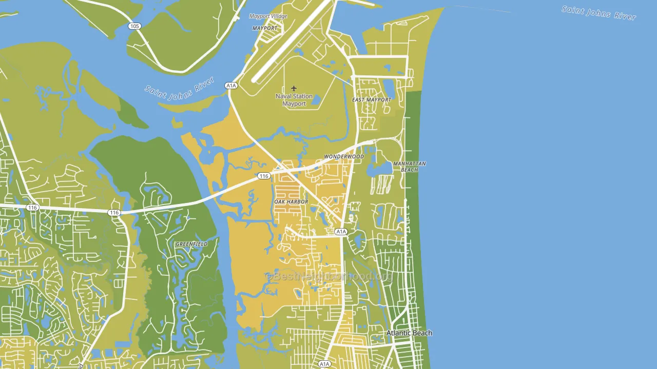 Map of the best neighborhoods in the North Beach, Atlantic Beach area, with better matches in green and worse matches in red