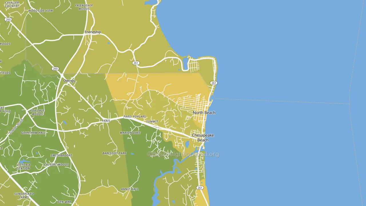 Map of the best neighborhoods in the North Beach area, with better matches in green and worse matches in red