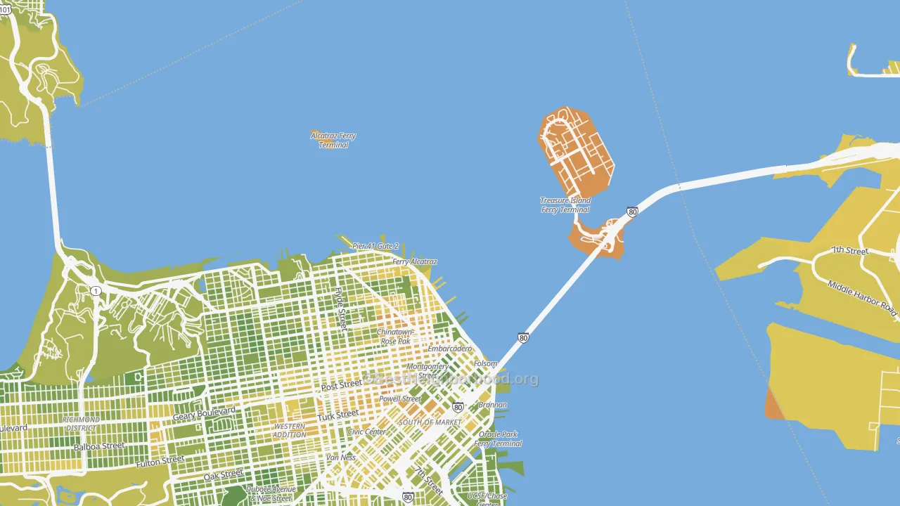 Map of the best neighborhoods in the North Beach, San Francisco area, with better matches in green and worse matches in red