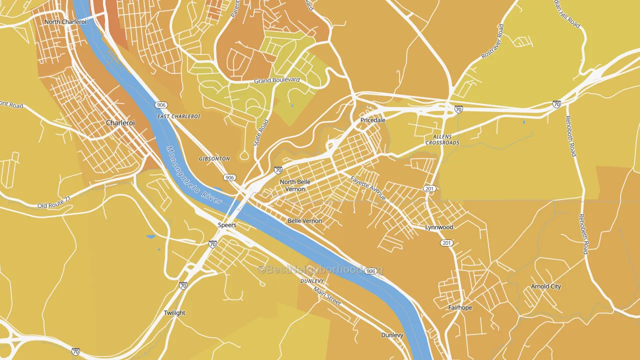 Map of the best neighborhoods in the North Belle Vernon area, with better matches in green and worse matches in red