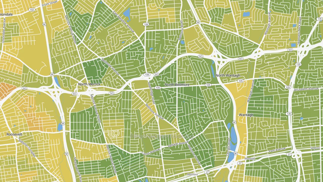 Map of the best neighborhoods in the North Bellmore area, with better matches in green and worse matches in red