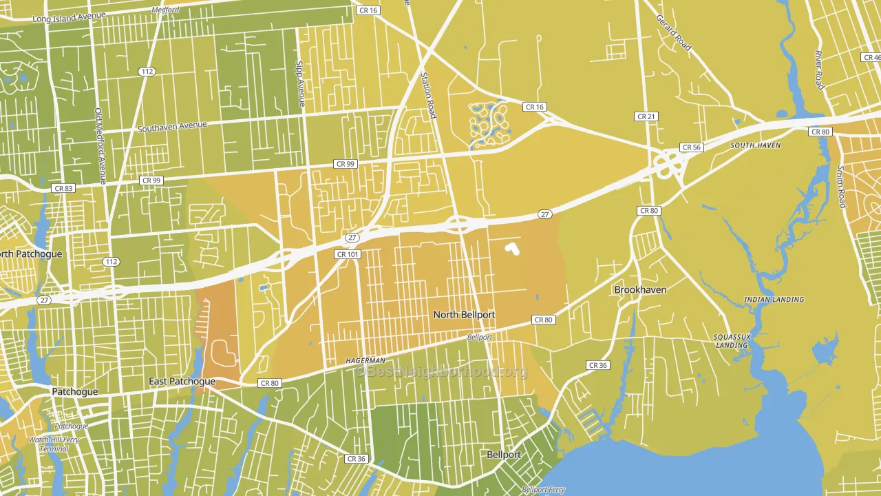 Map of the best neighborhoods in the North Bellport area, with better matches in green and worse matches in red