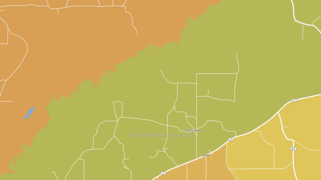 Map of the best neighborhoods in the North Bend area, with better matches in green and worse matches in red