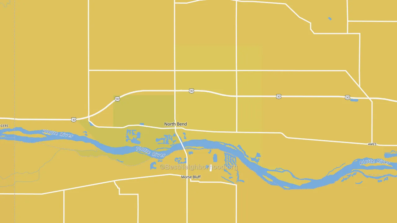 Map of the best neighborhoods in the North Bend area, with better matches in green and worse matches in red