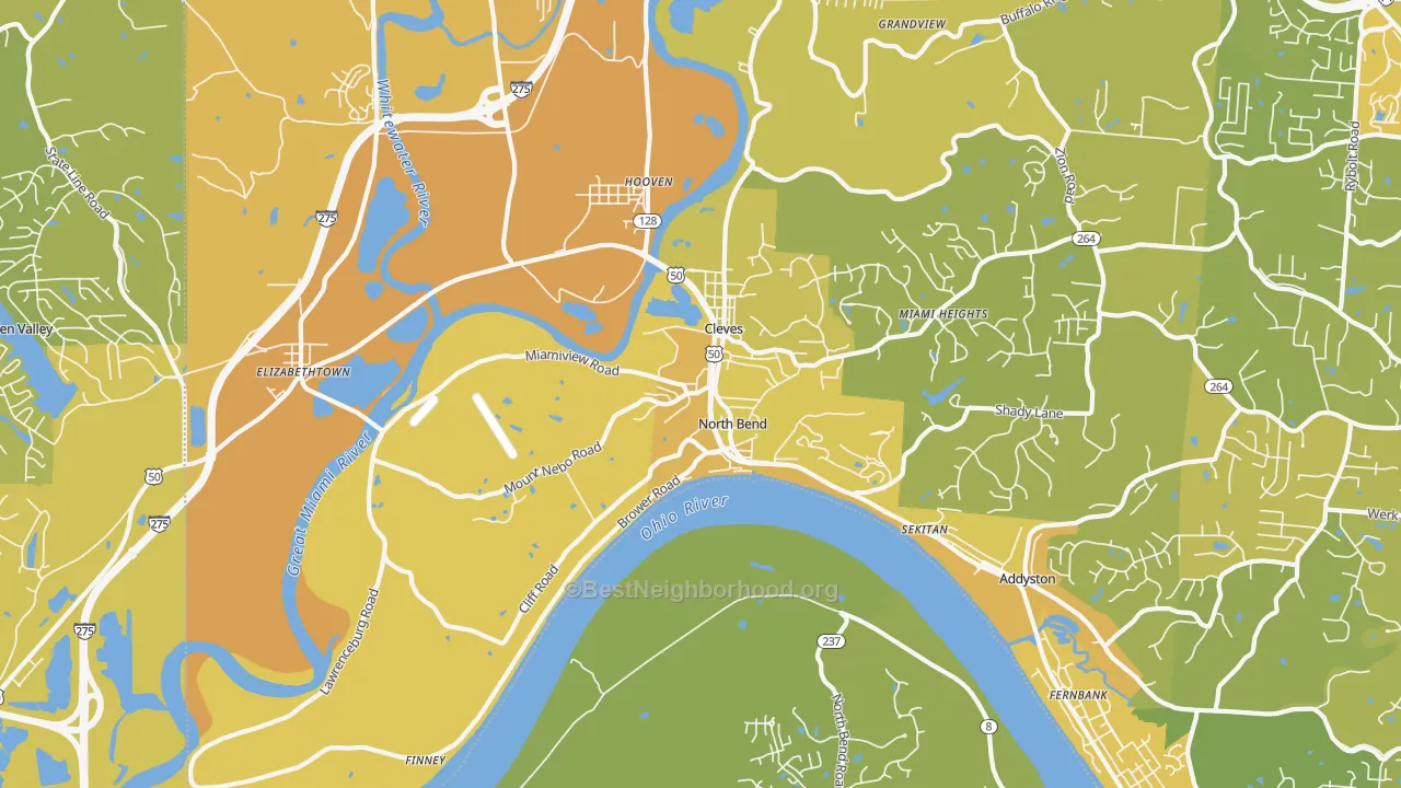 Map of the best neighborhoods in the North Bend area, with better matches in green and worse matches in red
