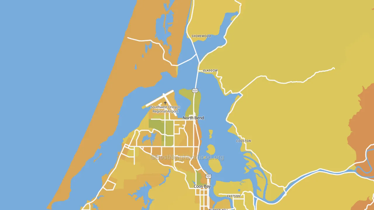Map of the best neighborhoods in the North Bend area, with better matches in green and worse matches in red