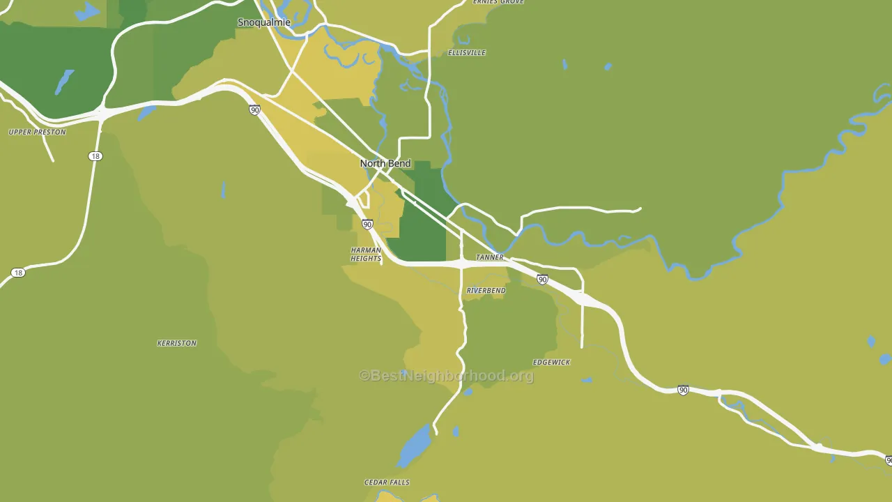 Map of the best neighborhoods in the North Bend area, with better matches in green and worse matches in red