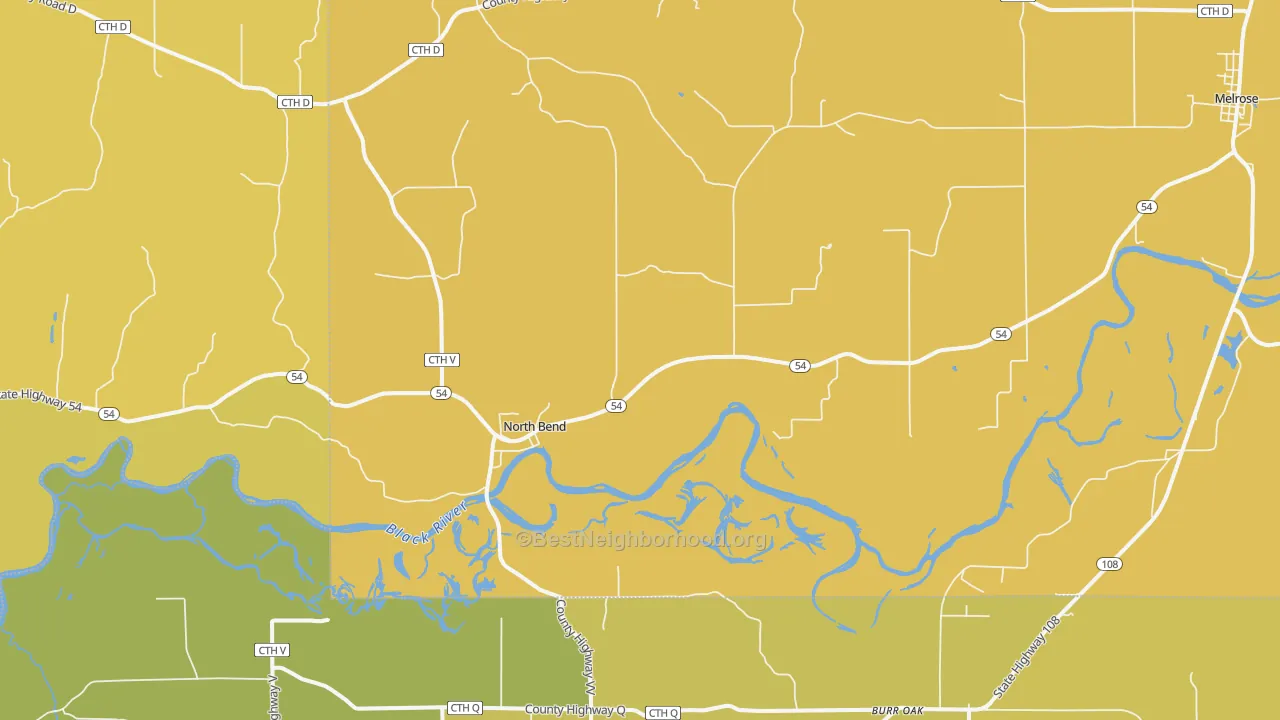 Map of the best neighborhoods in the North Bend area, with better matches in green and worse matches in red