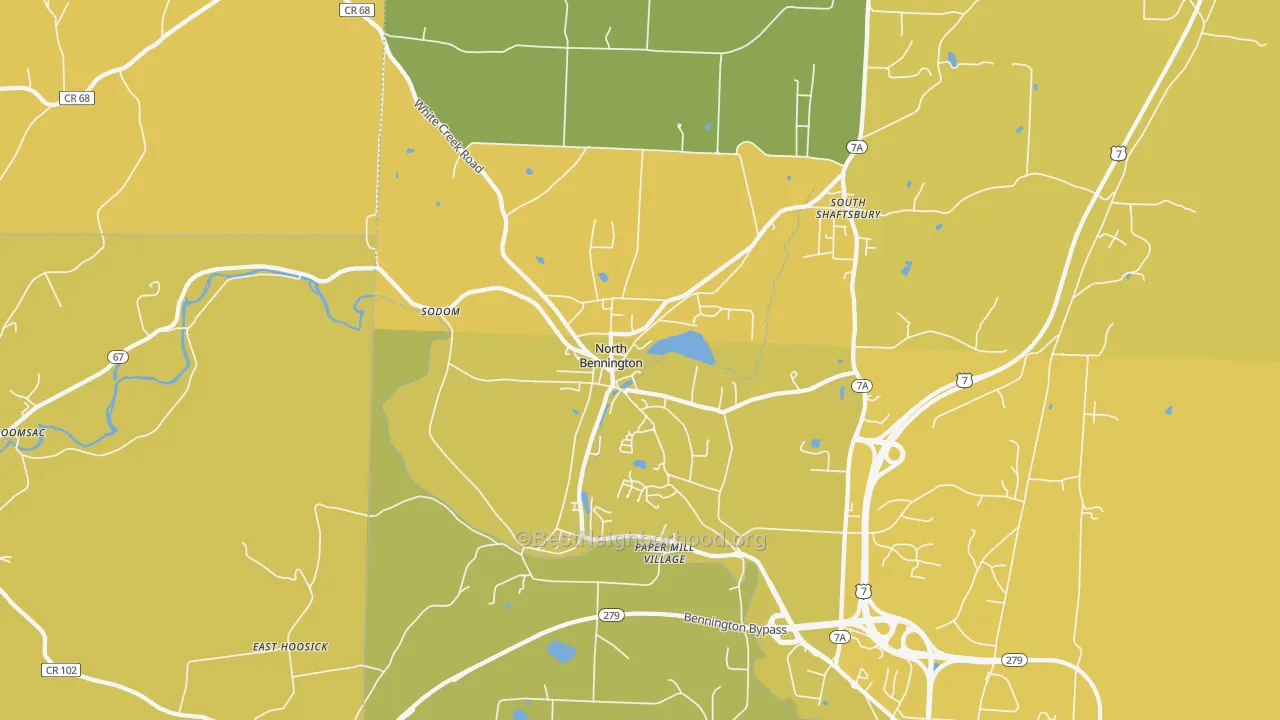 Map of the best neighborhoods in the North Bennington area, with better matches in green and worse matches in red