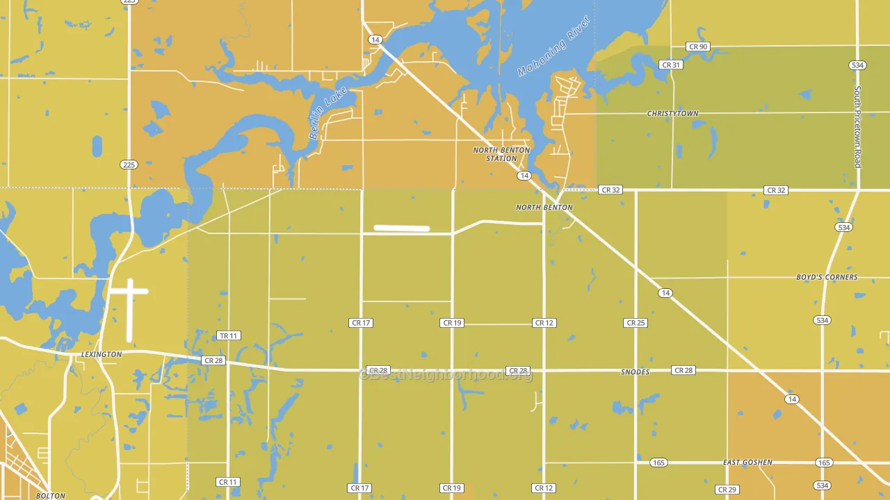 Map of the best neighborhoods in the North Benton area, with better matches in green and worse matches in red