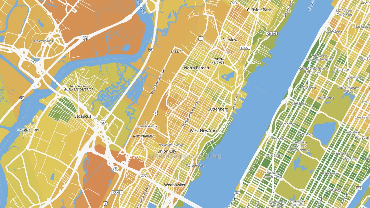 Map of the best neighborhoods in the North Bergen area, with better matches in green and worse matches in red