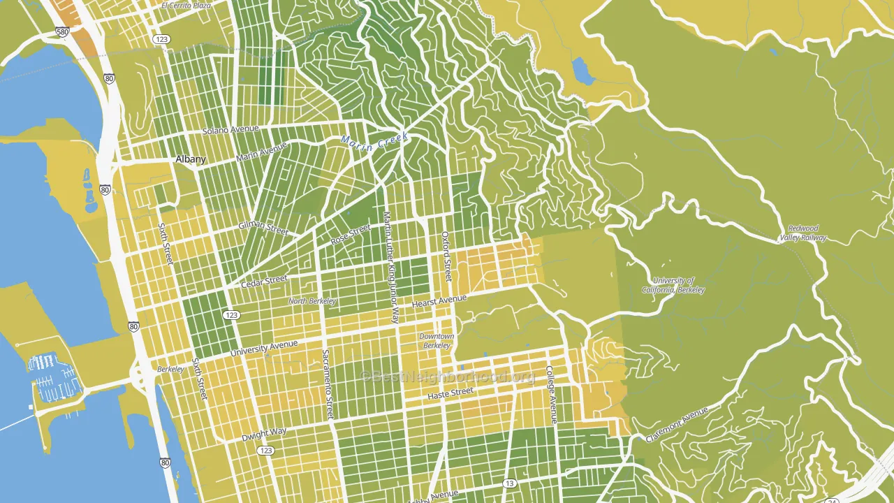 Map of the best neighborhoods in the North Berkeley, Berkeley area, with better matches in green and worse matches in red