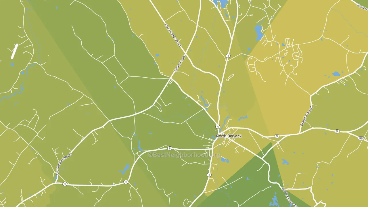 Map of the best neighborhoods in the North Berwick area, with better matches in green and worse matches in red