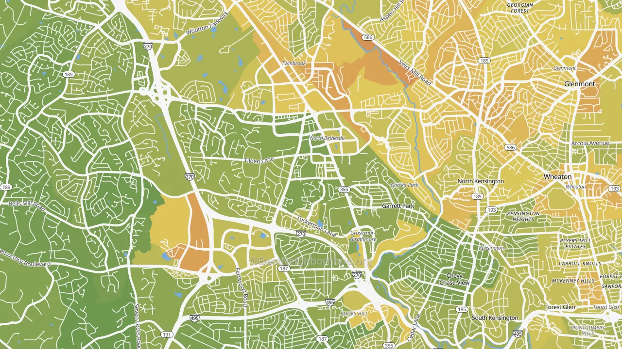 Map of the best neighborhoods in the North Bethesda area, with better matches in green and worse matches in red