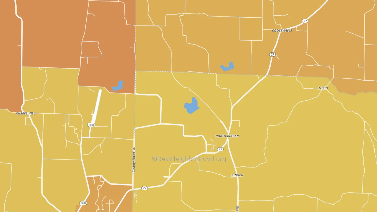 Map of the best neighborhoods in the North Bingen area, with better matches in green and worse matches in red