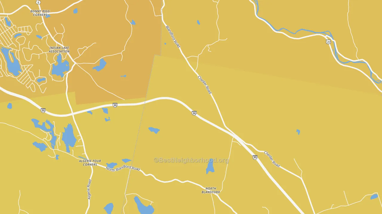 Map of the best neighborhoods in the North Blandford area, with better matches in green and worse matches in red