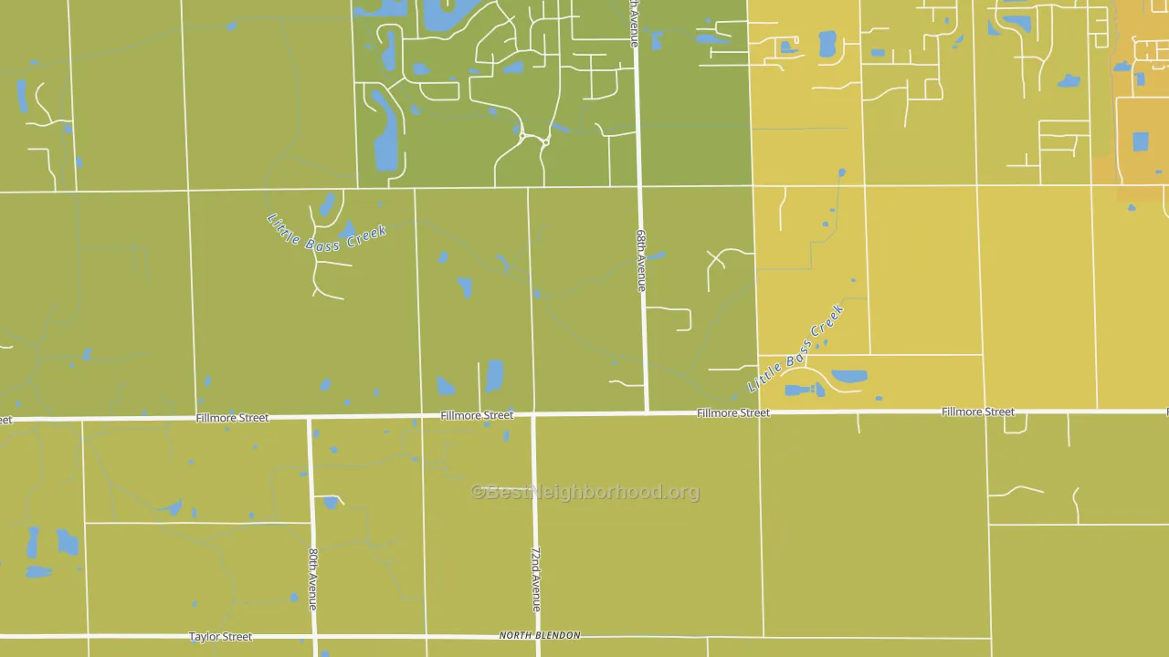 Map of the best neighborhoods in the North Blendon area, with better matches in green and worse matches in red