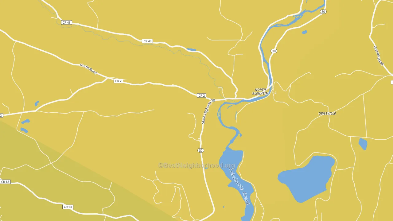 Map of the best neighborhoods in the North Blenheim area, with better matches in green and worse matches in red