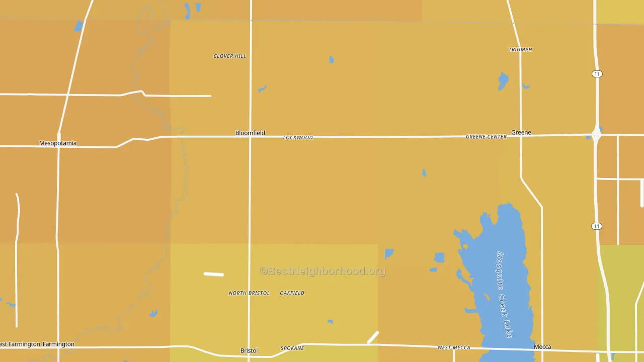 Map of the best neighborhoods in the North Bloomfield area, with better matches in green and worse matches in red