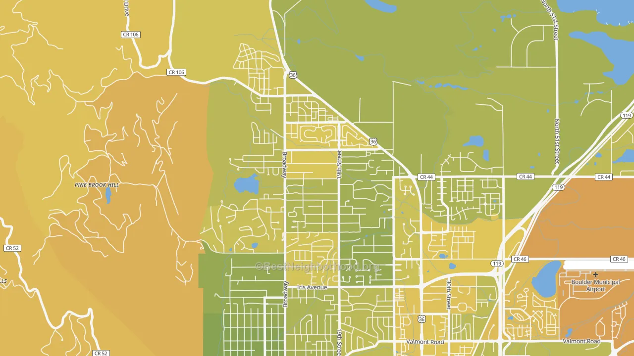 Map of the best neighborhoods in the North Boulder, Boulder area, with better matches in green and worse matches in red