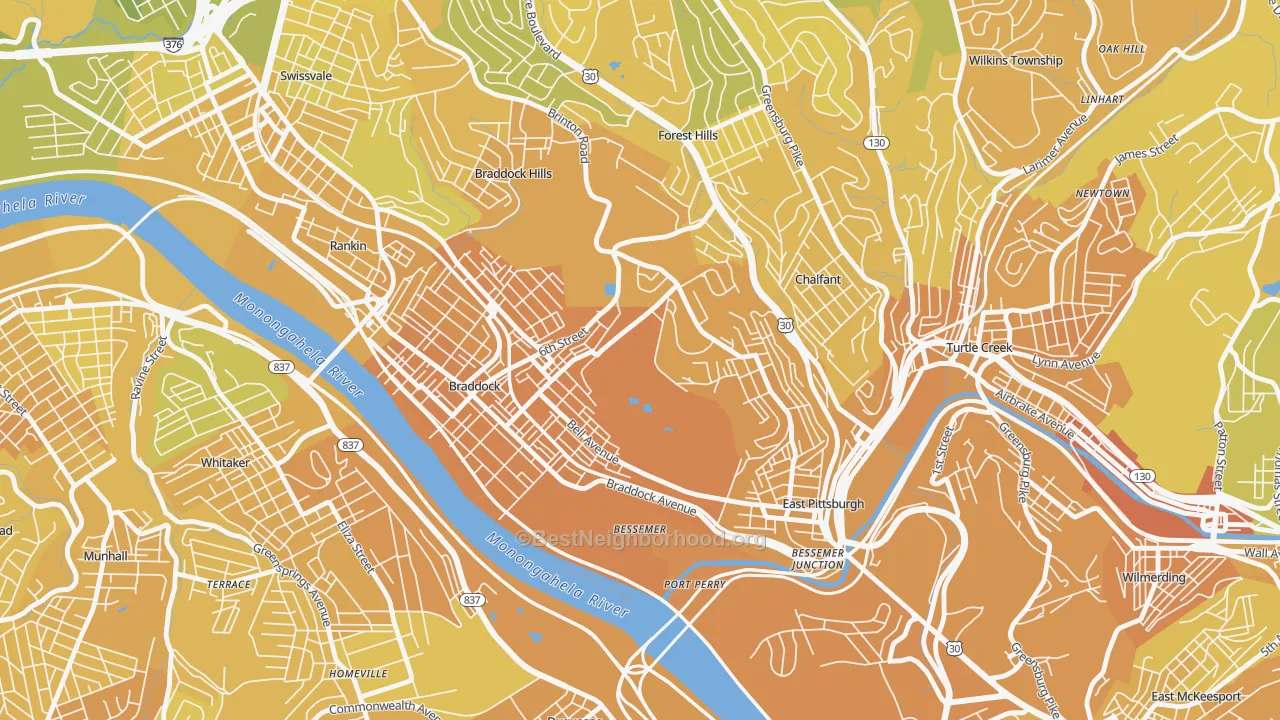 Map of the best neighborhoods in the North Braddock area, with better matches in green and worse matches in red