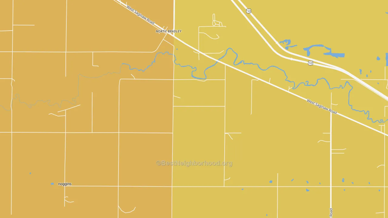 Map of the best neighborhoods in the North Bradley area, with better matches in green and worse matches in red
