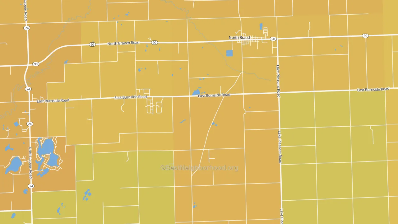 Map of the best neighborhoods in the North Branch area, with better matches in green and worse matches in red