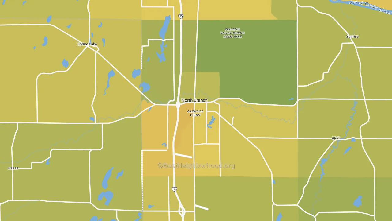 Map of the best neighborhoods in the North Branch area, with better matches in green and worse matches in red