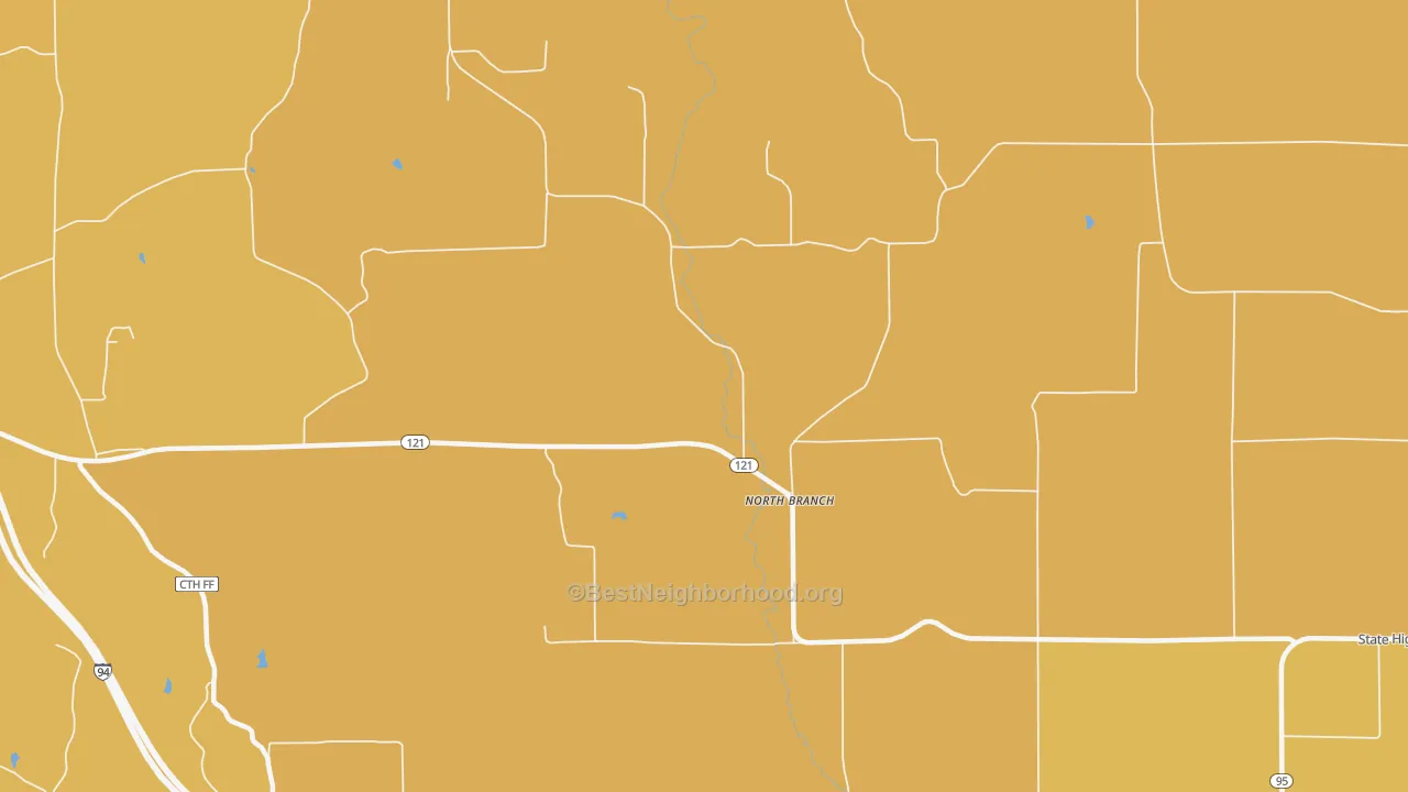 Map of the best neighborhoods in the North Branch area, with better matches in green and worse matches in red
