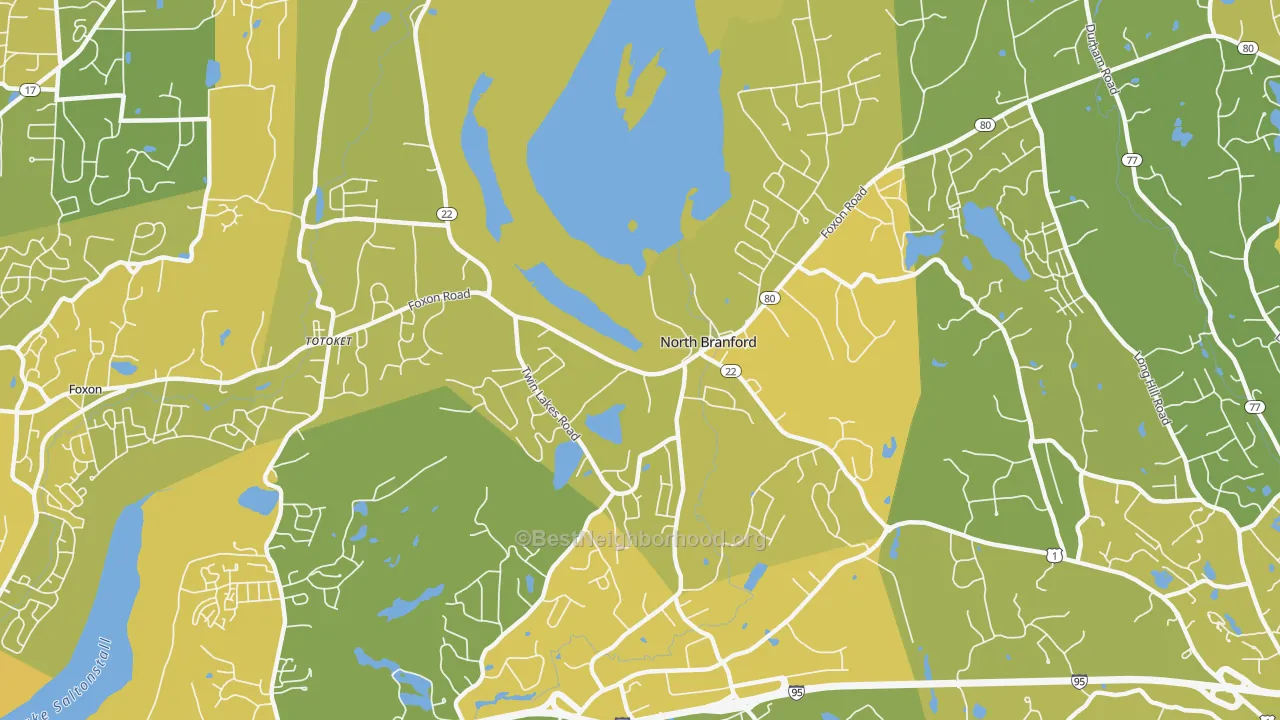 Map of the best neighborhoods in the North Branford area, with better matches in green and worse matches in red