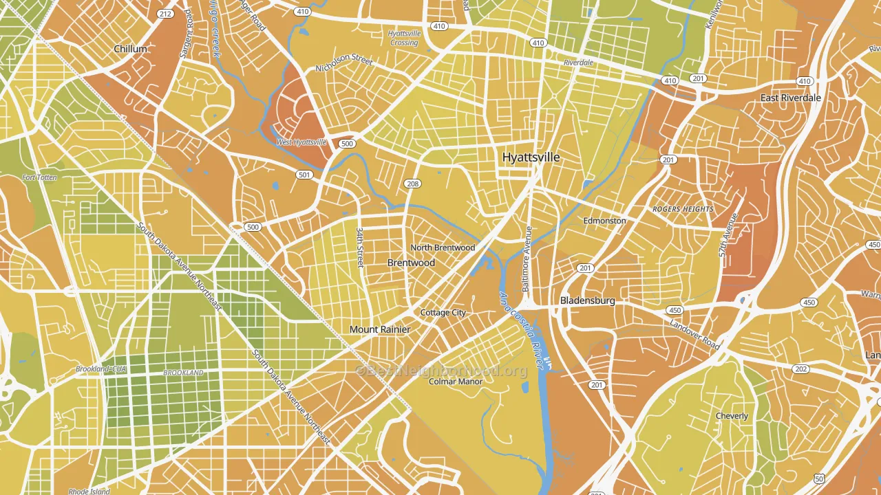 Map of the best neighborhoods in the North Brentwood area, with better matches in green and worse matches in red
