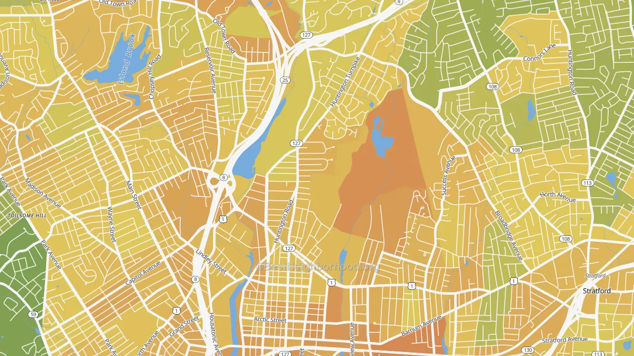 Map of the best neighborhoods in the North Bridgeport, Bridgeport area, with better matches in green and worse matches in red